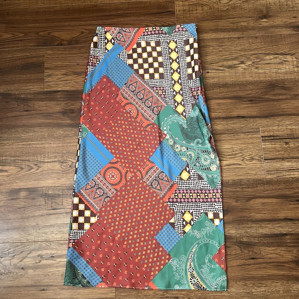 Urban Outfitters Patchwork Patterned Midi Skirt Side Slit Medium Festival Boho